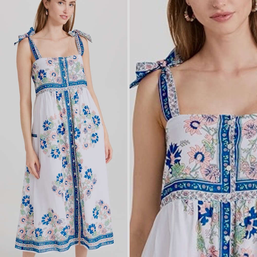 Juliet Dunn Tie Shoulder Dress in Rose Border - Size 1